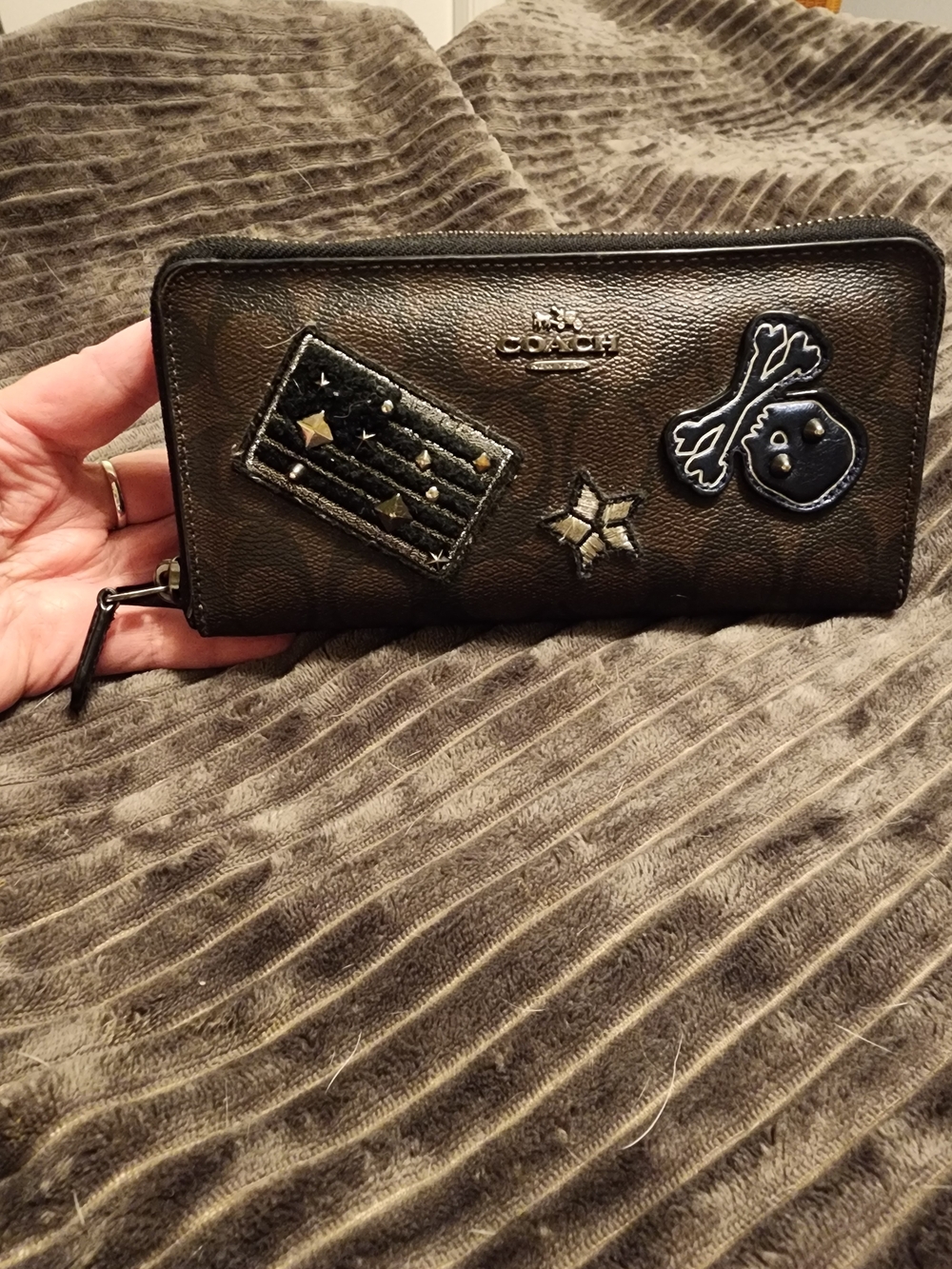 COACH Black Leather Signature Zip-Around Wallet with Badge Patches